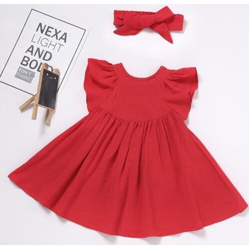 New Girls Cotton And Linen Red Dress Summer Lotus Leaf Short-Sleeve A-Line Princess Dress With Hairband Linen Dresses WT005