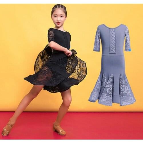 New Girls Latin Dance Ballroom Salsa Tango Dress Kid Child Lace Latin Dance Dresses Leotard Long Sleeve Costume 110-170cm