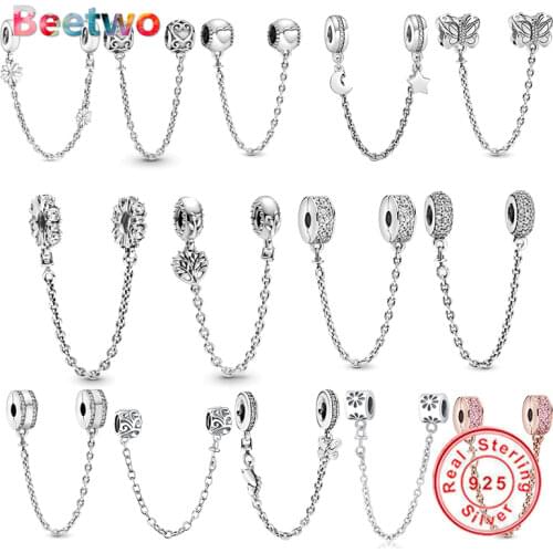 Fit Original Pandora Bracelet Sparkling Pave Safety Chain Charm Charms 925 Silver Necklace Pendant Charm Berloque Jewelry