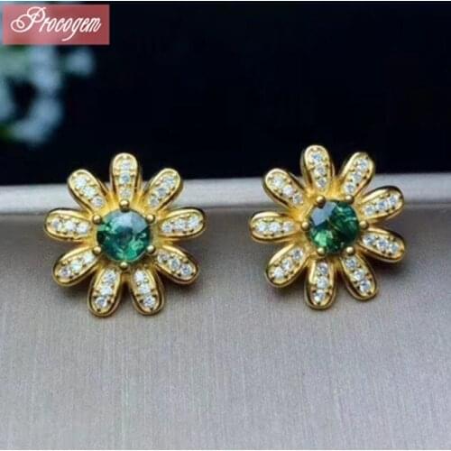 Natural Sapphire Stud Earrings for Women engagement Peculiar Sapphire Genuine gems 925Sterling silver 18K yellow gold plated#123