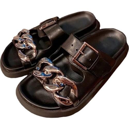 Cowhide Upper Sheep Skin Lining High End Modern Slides Punk Comfortable Leisure In Summer For Ladies Fashion Lazy Beach Shoes