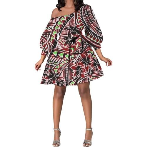 Hycool Traditional Tribal Hibiscus Design Women Puffy Sleeve Mini Dress Sexy Casual Oblique Shoulder Dress Women Flared Dresses