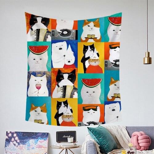 Cartoon Animal Print Tapestry Wall Carpet Hanging Cat Dog Pet Tapestries Polyester Fabric Kids Bedroom Decorative Hippie Blanket