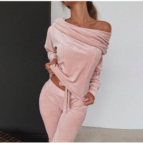 Lace Up Velvet Two Pieces Set Womens Sweatshirt One Shoulder Tracksuit Female 2020 Autumn Winter Sportswear Ladies Lounge Suits
