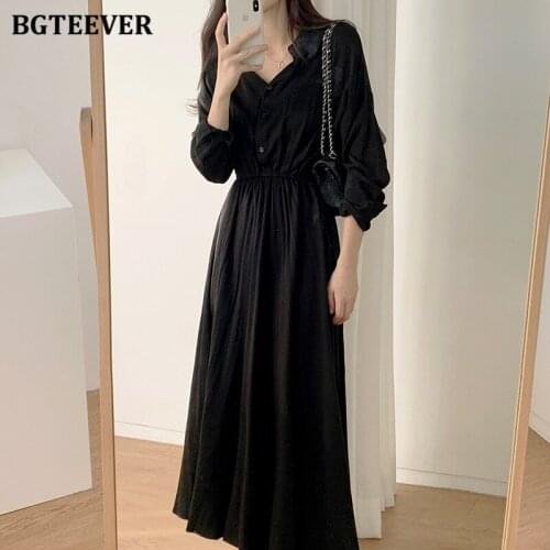 BGTEEVER Vintage Elastic Slim Waist Female A-line Dress Elegant Ladies Single-breasted Vestidos 2021 Spring Women Midi Dress