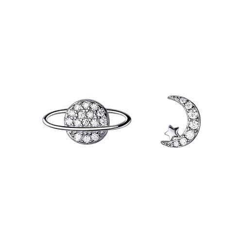 AIFENAO 925 Sterling Silver Planet Star Moon Earrings for Women Zircon Stud Fine Jewelry Female Gift Korean Style Asymmetric