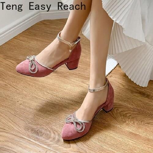 2021 Sweet Female Ankle Strap Faux Suede Pointed Toe Heeled Sandals Lady Office Career Shoes Pink black beige