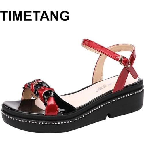 TIMETANG Plus Size 32-43 Medium Heel Platform Sandals Women Shoes Summer Brife Wedges Sandals Ladies Beach Sandals Casual Red