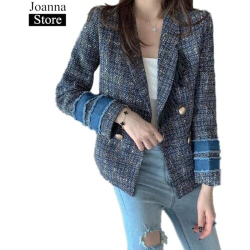 Spring Autumn New Denim Stitching Plaid Short Jacket Women Double Breasted Tassel Tweed Slim Coat Lapel Plus Size Elegant Blazer