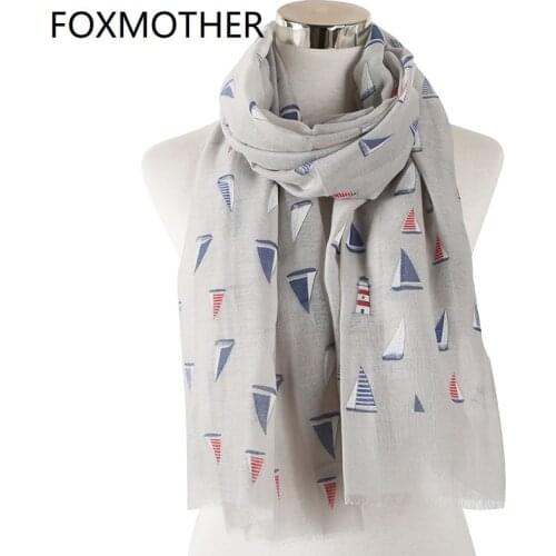 FOXMOTHER New Foulard Femme Grey Pink Sailing Boat Print Scarves For Women Shawl Wrap bufanda mujer