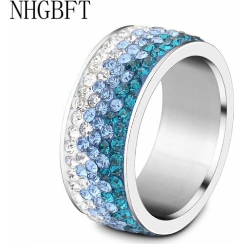 NHGBFT White&Blue Gradient Crystal CZ Ring for women Wedding jewelry Stainless Steel Ring Dropshipping