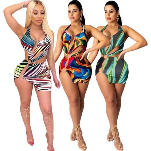 Colorful Print Women Mini Dress Sheer Halter Cutout 2021 Summer Sundress Sexy Slit Night Party Fashion Robes Evening Vestidos