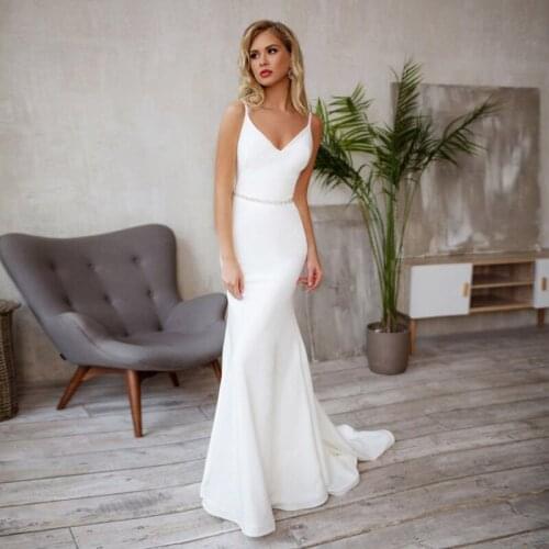 Amazing Mermaid Wedding Dress 2021 Sweep Train Simple Stain Wedding Bridal Gown Elegant Backless Bride Dresses Vestidos De Noiva