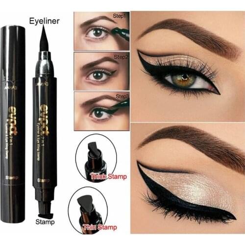 1 Pcs Double-Headed Seal Black Eyeliner Liquid Pencil Quick Dry 2-in-1 Waterproof Eyes Make kit with Eyeliner Pen Eyeliner Stamp