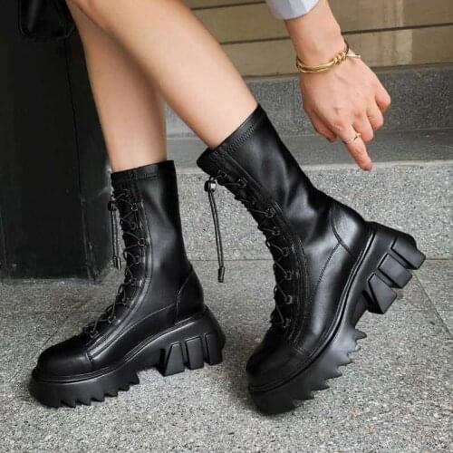 Boots Women Round Toe Platform Side Double Zippers Lace-Up Leather Black Brown Chunky New Design Trendy Leisure Boots Boots