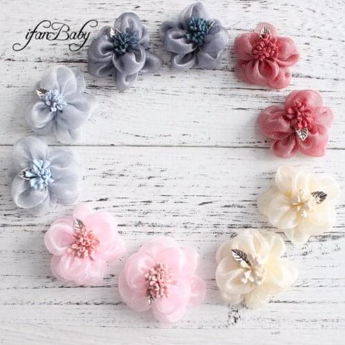 Kids girl hair accessories unfinished fabric flower with stamen jewel Organza hair flower