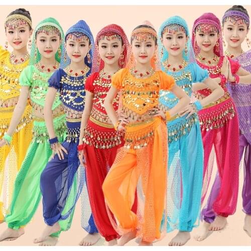 Kids Belly Dance Costumes 6 Pcs Children Indian Clothes India Girls Bollywood Dancing Costumes Stage Performance Wear DNV12285