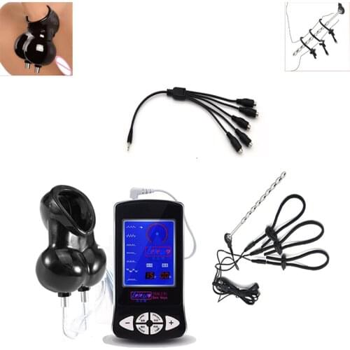 Electric Shock Scrotum Bound Ring Electro Sex Ball Stretcher Chastity Cage Cock Rings Urethral Sound Catheter Sex Toys For Male