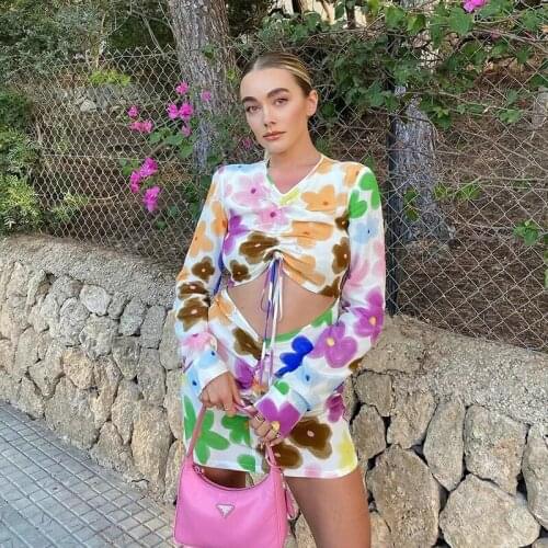 Foridol Tie-dyed Flower Print Drawastring Lace Up Autumn Women Dress Front Cutouts Spring Sexy Party Club Dress Vestidos Robe