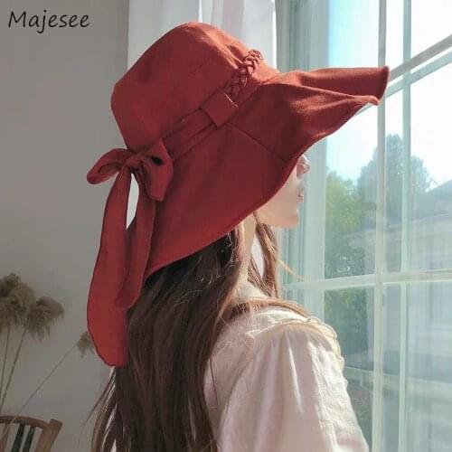 Cotton Solid Red Sun Hats Female Wide-brim Bow Sun Shade Cap Vintage Design Korean Version Sweet Lovely Girls Travel Casual Chic