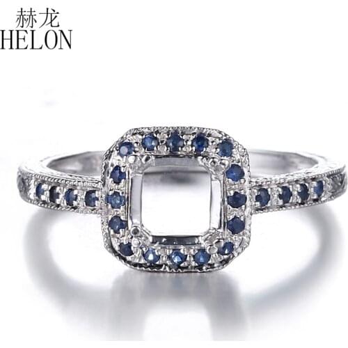 HELON Round Cut 6mm Solid 10k White Gold Vintage Jewelry 100% Genuine Natural Sapphire Antique Engraving Wedding Semi Mount Ring