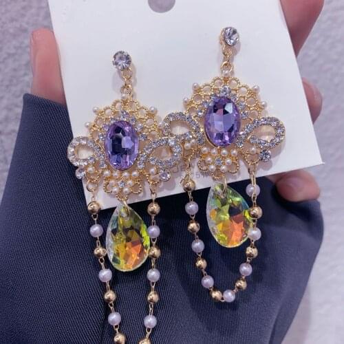 Korean Vintage Luxury Colorful Cystal Drop Earrings For Women Girls Elegant Pearl Beads Tassel Pendientes Jewelry