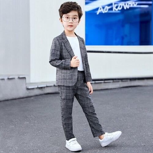 Childrens Plaid Suits Set Boys Spring Autumn Performance Piano Dresses Costume Kids Blazer Vest Pant Shirt Clothes Set