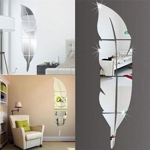 Hot DIY Feather Plume 3D Mirror Wall Sticker for Living Room Art Home Decor Vinyl Decal Acrylic Sticker Mural Wall Decoration