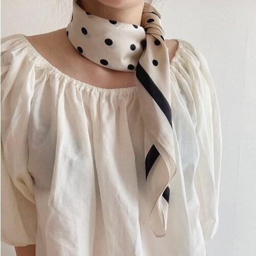 Luna&Dolphin Women Retro Small Dot Print Scarf 70x70cm French Cream White Chiffon Headbands Bandana Bag Ribbon Neckerchief Hijab