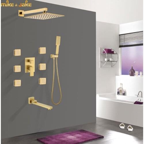 Matte gold brush brass shower set brush gold bath shower rainfall side in wall shower set bathroom shower bathtub brass mixer