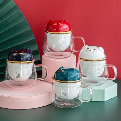 Cute Cartoon Cat Glass Tea Separation Cup Household Teacup with Lid and Ceramic Filter Office Handle Drinking Mug Drinkware