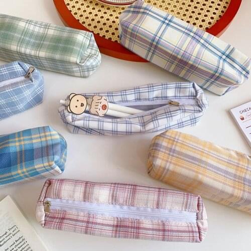 Lovely Plaid Pencil Bag School Korean Cute Student Pencil Case Desk Organizer Stationery Pencil Holder Study Table