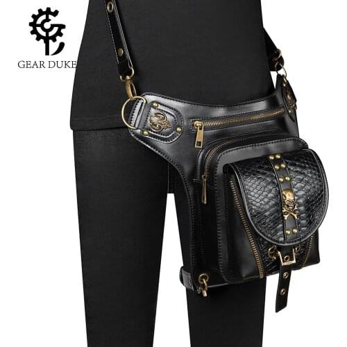 New Fashion PU Leather Steampunk Retro Waist Bag for Women Men Multi-function Black Travel Motorcycle Crossbody Chest Fanny Pack