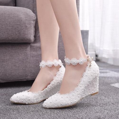 Fashion pink white wedges wedding pumps sweet white flower lace pearl platform pump shoes bride dress high heels Womens sandals