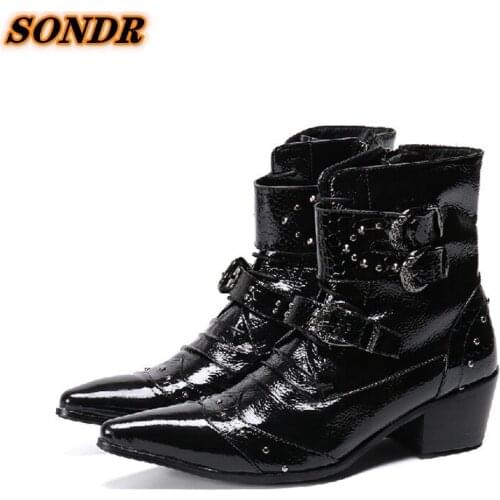 Men Genuine Leather Shoes Pointed Toe Double Buckle Strap British Men Boot High Quality Casual Men Shoes Waterproof Male Botas