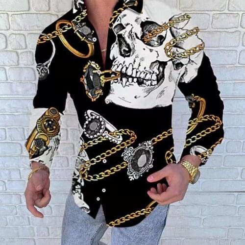 Men 2021 Spring New Skull Print Shirt Men Fashion Trend Personality Casual Rhinestones Slim Long Sleeve Dress Shirt Men