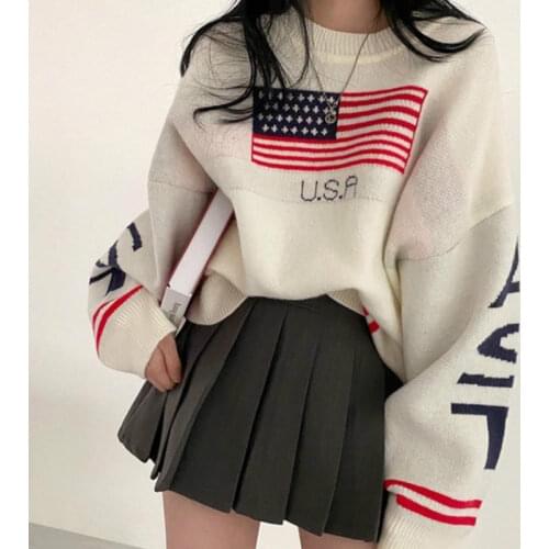 2020 Autumn Winter Letter Flag Jacquard Knitted Sweater Women Streetwear White Plus Size Long Sleeve Korean Pullover Clothing