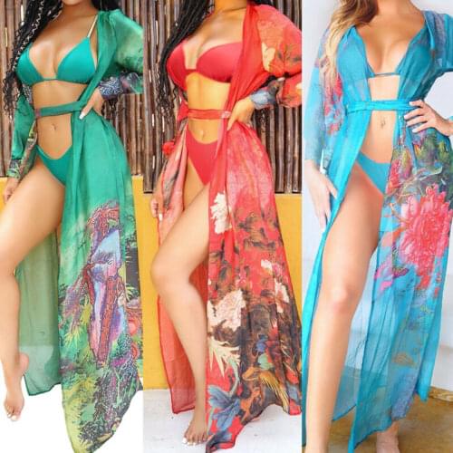 Sexy Women Bikini Cover Up Cardigan Floral Print Long Sleeve Swimwear Beach Sarong Kimono Kaftan Tops Long Casual Loose