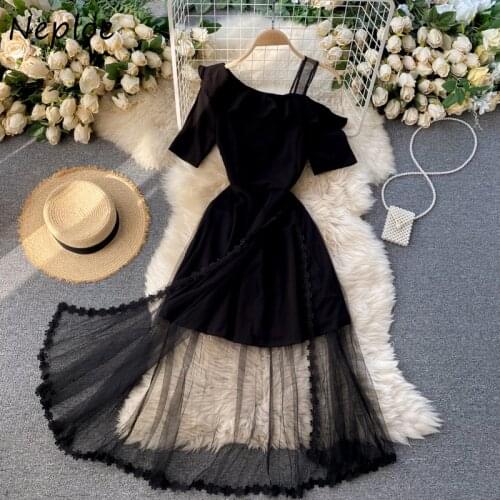 Neploe Sexy Irregular Design Shoulder Strapless Dress Women High Waist Hip A Line Long Vestidos Mesh Patch Short Sleeve Robe