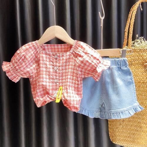 Girls Plaid Shirt Dress 1 2 3 4 5 Years Summer Clothing O-neck Lantern Lace Short Sleeve Top + Soft Shorts Kids Fashion Outfits