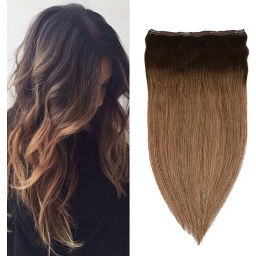 Toysww One Piece Clip in Hair Extensions Human Hair Double Weft Clip on Extensions Balayage Brown #2/2/8