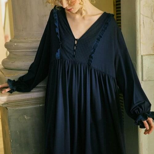 New Women Lolita Dress Deep Blue Princess Sleepshirts Vintage Stringy Selvedge Nightgowns.Victorian Nightdress Lounge Sleepwear