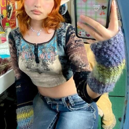 YiYiMiYu Vintage Rhinestone Patches Printed Patchwork T-shirt Women Grunge Aesthetic y2k Button O-neck Long Sleeve Cropped Top