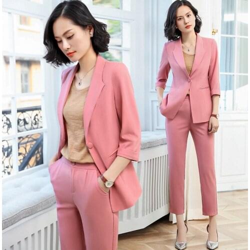 Ladies suit spring and autumn new fashion solid color seven-point sleeve overalls womens two-piece temperament nine pants suit