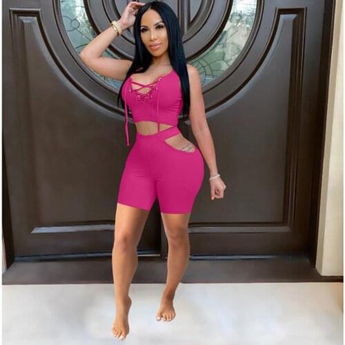 2021 Summer Casual Fashion Women Slimming Street Sexy Slim Solid Color Multi-Color Band Hollow Shorts Two Piece Set