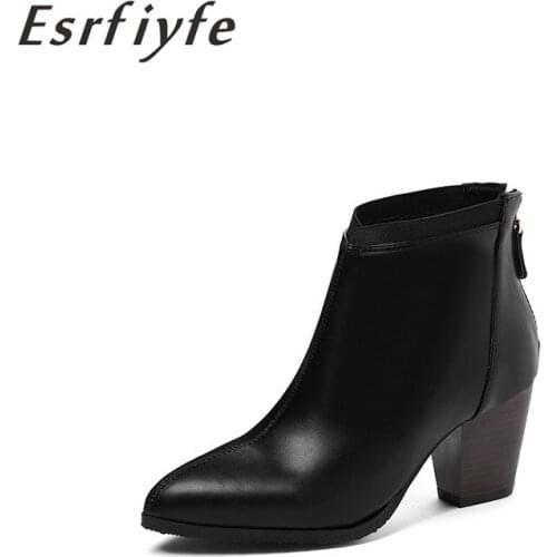 ESRFIYFE New Leather Boots Woman Zipper Martin Boots Winter Short Ankle Booties Pointed Toe Thick High Heels Chelsea Botas Women