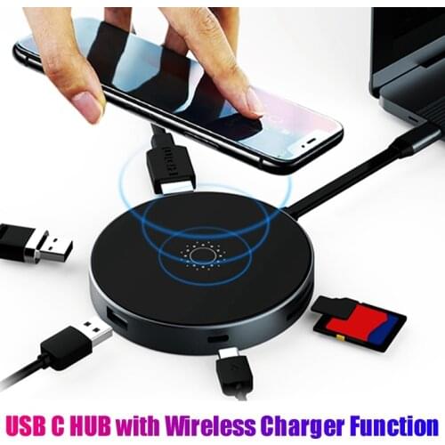 USB C Hub Wireless Charger Docking Station USB3.0+PD+HDMI-Compatible+TF Card Reader Splitter for
