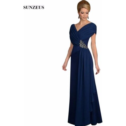 Elegant V Neck Pleated Chiffon Dark Blue Modest 2020 Custom Made Long Mother of the Bride Dresses Ladies Party Gown CM0107