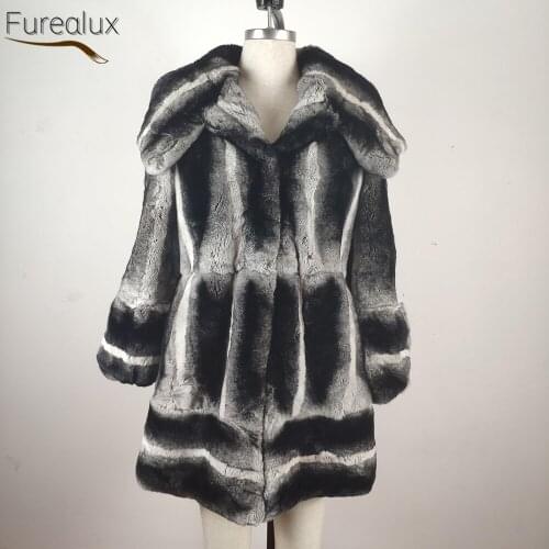 FUREALUX Authentic Real Rex Rabbit Leather Grass Fur Coat Winter Fashion Striped Skirt Warm Womens Clothing With Big Fur Collar