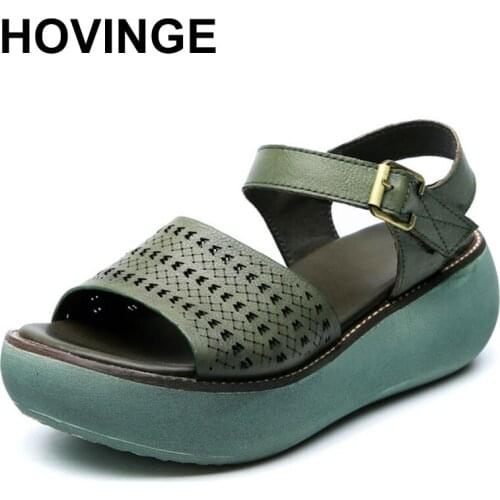 HOVINGEHandmade Genuine Leather Vintage Hollow Pattern Stitching Platform Sandals Summer Casual Women Flat Shoes New 2020